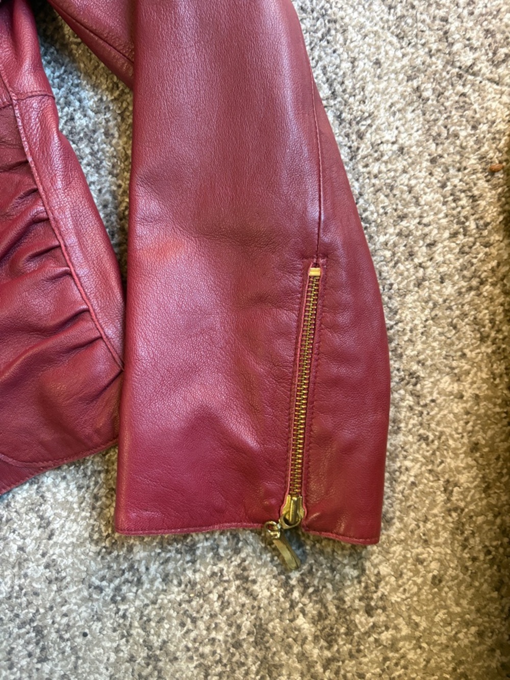 Women’s Burgundy Leather Zip-Front Jacket with Gathered Waist - Picture 4 of 8